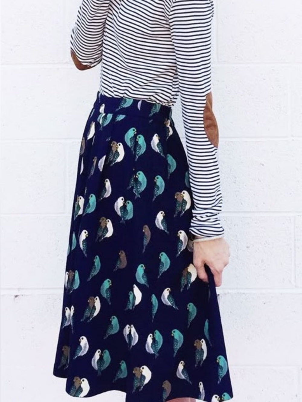 Mikarose Navy Skirt with Parakeet Print